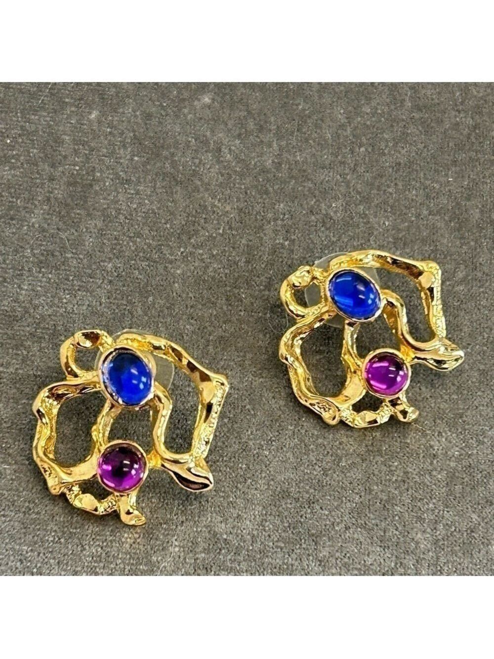 Artsy gold tone Royal cobalt blue purple earrings